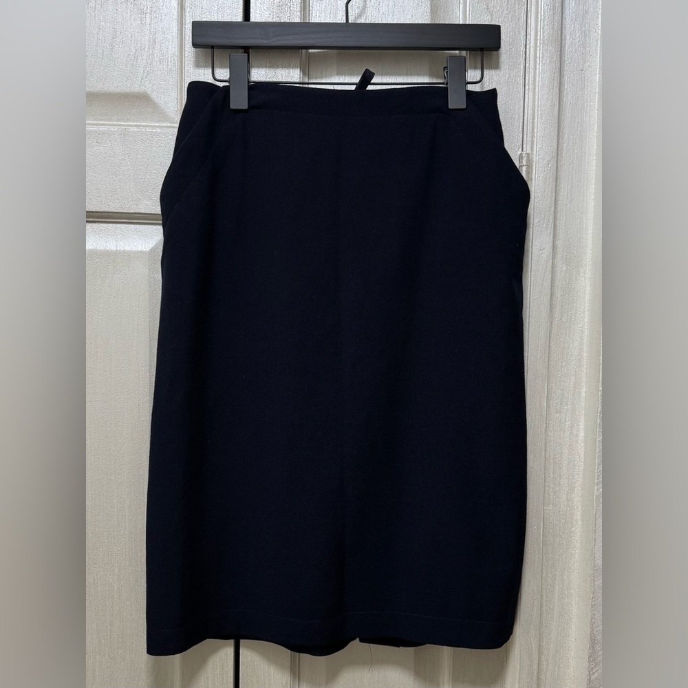 Lauren Ralph Lauren Size 8P Navy Blue Worsted Wool Midi Pencil Skirt Pockets